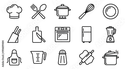 Set of black line art cooking and kitchen icons including a chef hat, pot, whisk, oven, blender, and apron, representing culinary tools and professional restaurant equipment