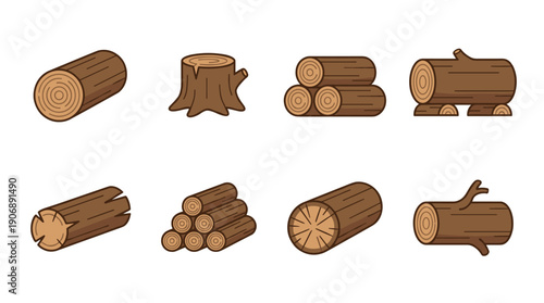 Set of eight different wood log illustrations in a simple cartoon style, featuring single logs, stacked firewood, a tree stump, and timber with clean outlines and flat colors