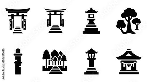 Iconic japanese landmark silhouettes: torii, lanterns, temples, and trees