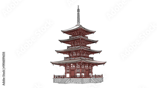 Traditional japanese pagoda in detailed architectural line art illustration