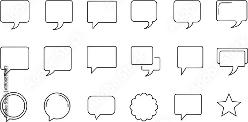 Vector collection of minimalist speech bubbles and chat icons featuring diverse rectangular circular star and jagged cloud shapes for communication design,