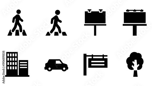 Simple icons: pedestrian, signage, cityscape, and nature elements
