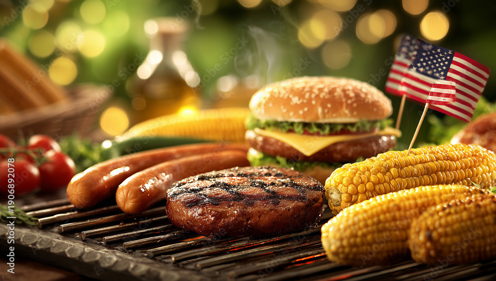 Obraz premium a delicious summer barbeque with burgers, hot dogs and corn on the cob. a small american flag is also visible in front of it.