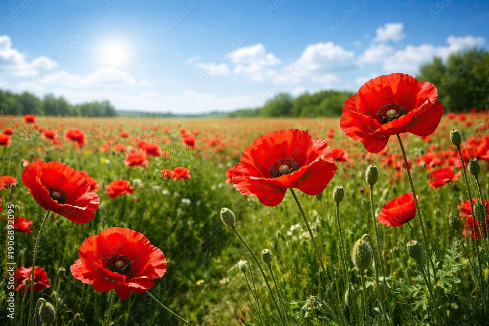 Obraz premium Blooming red poppy flowers in a green summer field under bright sunlight and blue sky with soft clouds