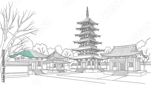 Traditional east asian pagoda and temples in minimalist linear art style
