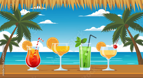 Vector illustration of tropical beach with palm trees and refreshing cocktails on a table overlooking the ocean