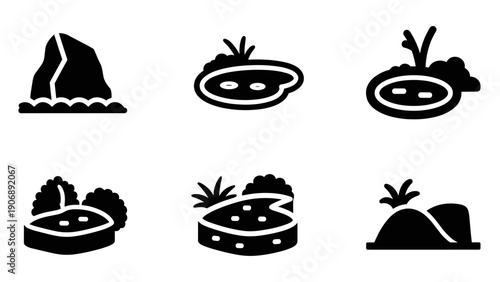 Simple garden icon set: rocks, ponds, and plants for landscaping design