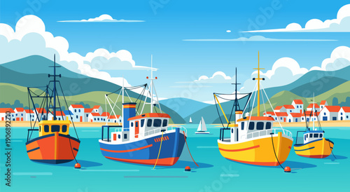 Vector illustration of a vibrant seaside village with colorful fishing boats docked in the calm bay under a bright blue sky, evoking a sense of tranquility and maritime life