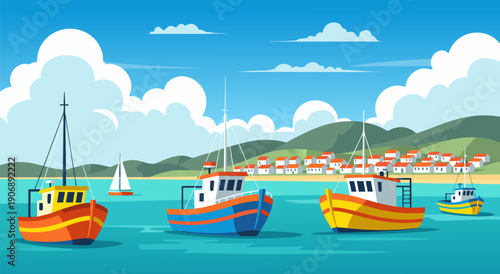 Beautiful Vector Illustration of a Quaint Coastal Village with Fishing Boats in the Harbor