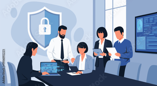 Business Team Meeting Cybersecurity Vector Illustration, Protecting Data and Information Securely