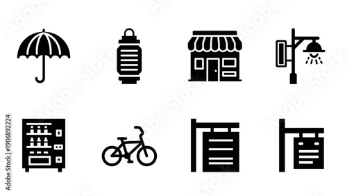 Urban silhouette icons: umbrella, lantern, shop, street light, vending machine, bicycle, signposts