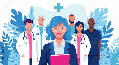 Vector illustration of a diverse medical team standing together, showcasing healthcare professionals and their collaborative spirit in a modern setting