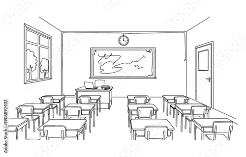 Continuous one line art of interior design at school classroom with white board.