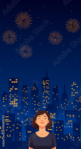 vector illustration of a woman enjoying a night sky filled with fireworks over a city skyline, peaceful celebration