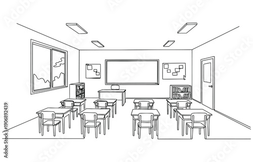 Continuous one line art of interior design at school classroom with white board.