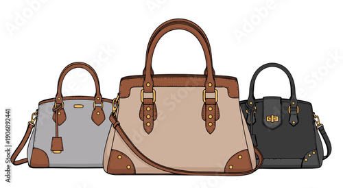 Fashionable handbags vector illustration for sale, stylish accessory collection on white background