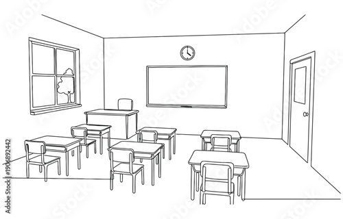 Continuous one line art of interior design at school classroom with white board.