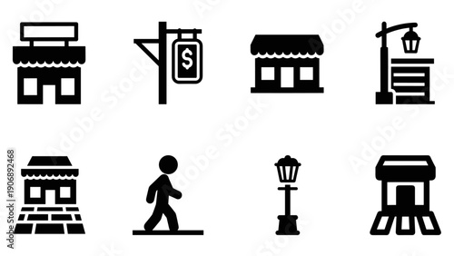 Minimalist urban icons set: shops, signs, and street elements in black silhouette