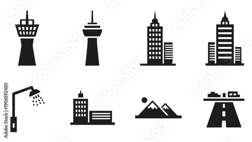Urban silhouette set: towers, skyscrapers, and city elements in monochrome design