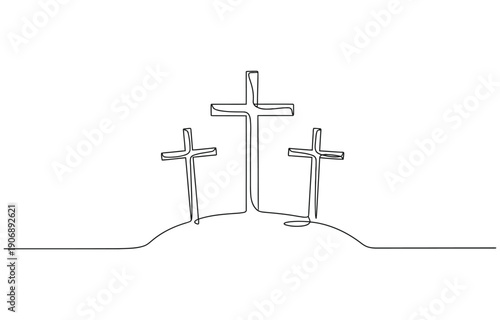 One continuous line of three crosses on a hill.