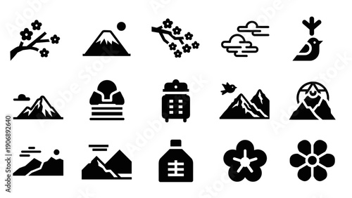 Japanese nature and culture symbols: blossoms, mountains, and traditional icons