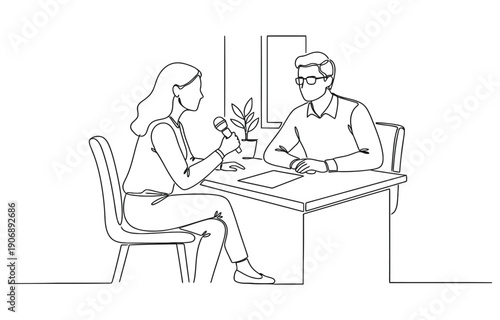 Single continuous line drawing woman journalist interviewing guy at desk.