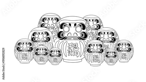 Traditional daruma doll set in black and white line art for cultural design