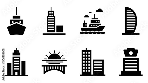 City and nautical icons set: minimalist black silhouettes of buildings and ships