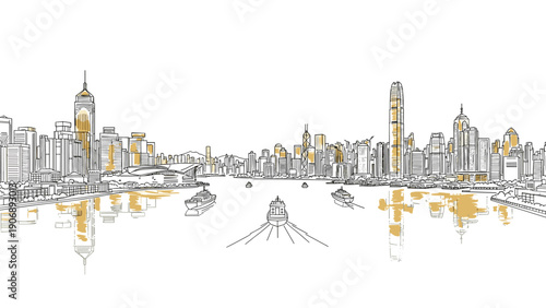 Modern waterfront cityscape with skyscrapers and boats in minimalist linear style