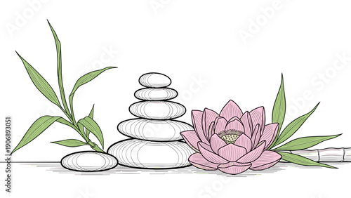 Tranquil zen arrangement with lotus, bamboo, and stacked stones in a calm outline style
