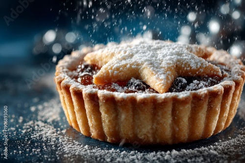 Wallpaper Mural a christmas themed mini pie with a star shape in the middle, against a dark background with simulated snow falling. Torontodigital.ca