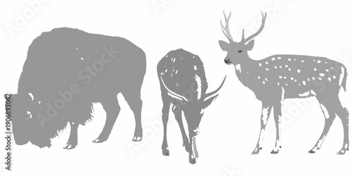 Silhouette illustration of a bison and two spotted deer
