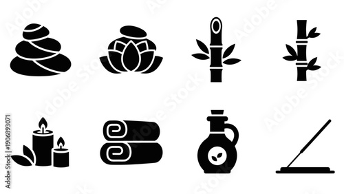 Silhouette spa icons: stones, lotus, bamboo, candles, towels, oil, diffuser