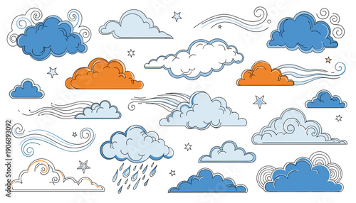 Creative weather vector artwork featuring clouds wind raindrops and stars in playful whimsical decorative composition