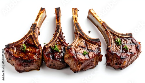 Grilled lamb chops, glistening with juices, arranged on white