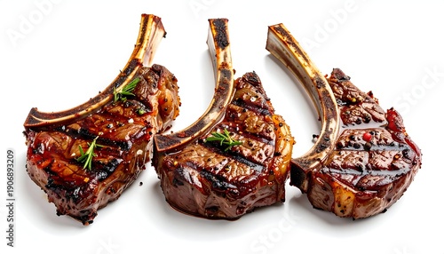 Three grilled lamb chops presented on a white background