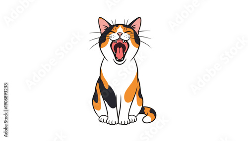 Cartoon calico cat vector illustration yawning with expressive charm in playful style for pet themed design projects