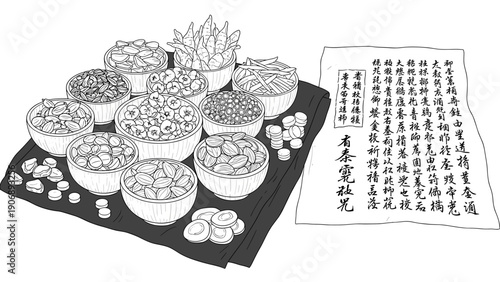 Assorted traditional ingredients and recipe scroll in detailed pencil art