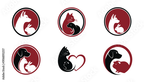 Minimalist pet care vector design featuring dog cat rabbit in circular and heart shaped frames for animal welfare branding