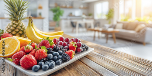 Fresh mixed fruit plate with berries, grapes, banana, pineapple, and orange on wooden table