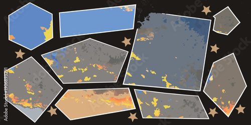 Abstract arrangement of fragmented textured shapes with scattered stars