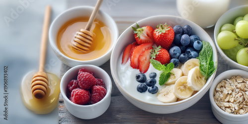 Fresh fruit yogurt bowl with honey, raspberries, grapes, and oats for healthy breakfast