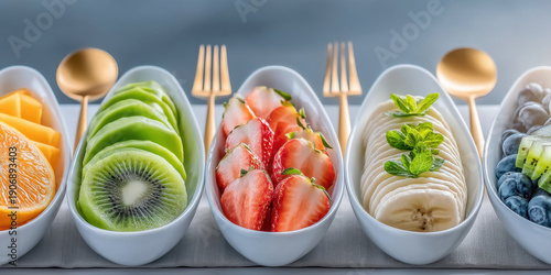 Sliced fresh fruit including orange, kiwi, strawberry, banana, and blueberry arranged white