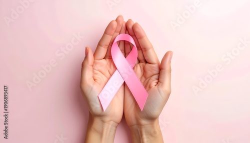 Hands holding a pink ribbon on a soft pink backdrop, promoting awareness