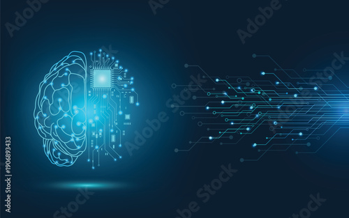 Futuristic artificial intelligence concept with glowing human brain and microchip circuits, representing digital mind, neural network, and advanced technology innovation.