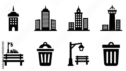Urban cityscape icons: skyscraper, park bench, streetlamp, trash bin silhouettes