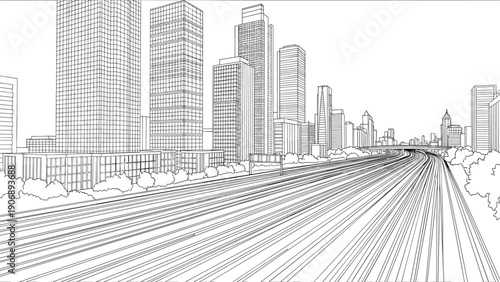 Detailed urban cityscape with skyscrapers and highway in linear style