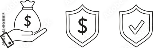 A set of three black and white icons depicting financial security and protection with a hand holding a money bag and shield symbols