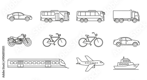 Collection of various transportation vehicles and modes of travel.