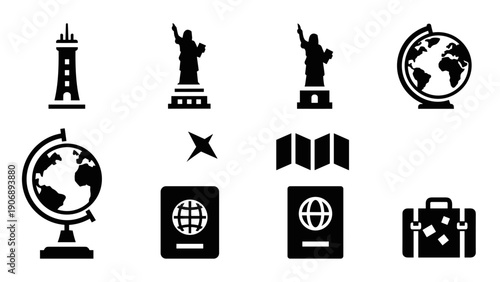 Travel essentials icons: globe, statue of liberty, passport, luggage in silhouette style